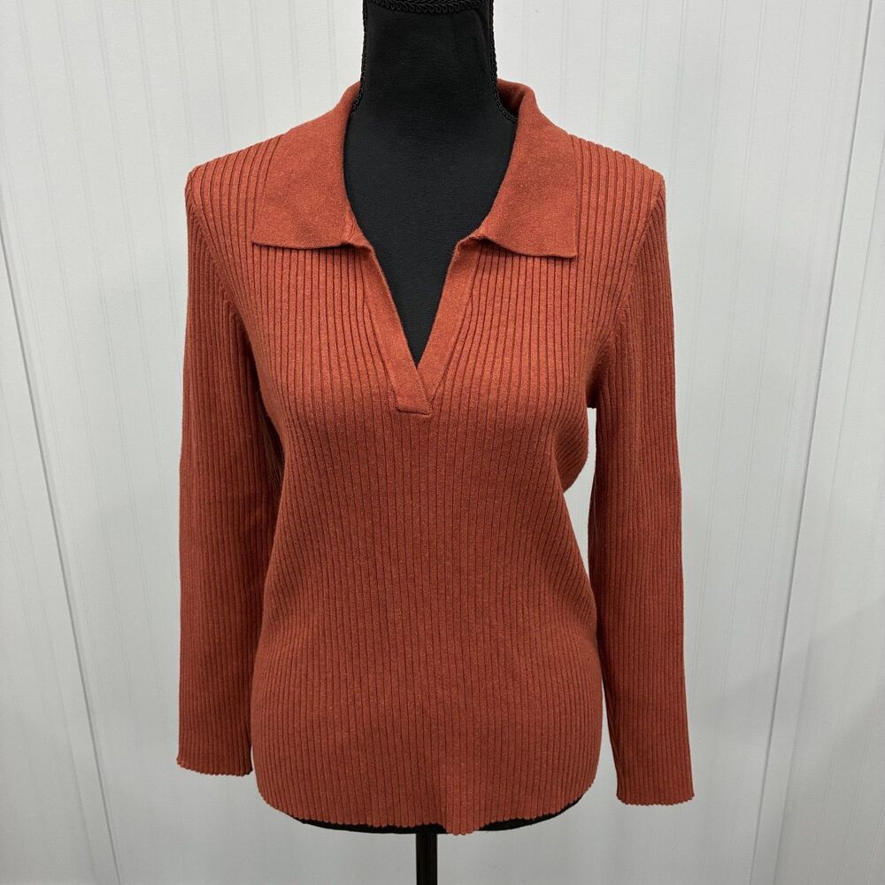 Marine Layer Women's XL Orange Lexi Ribbed Knit Long Sleeve Polo Sweater Classic